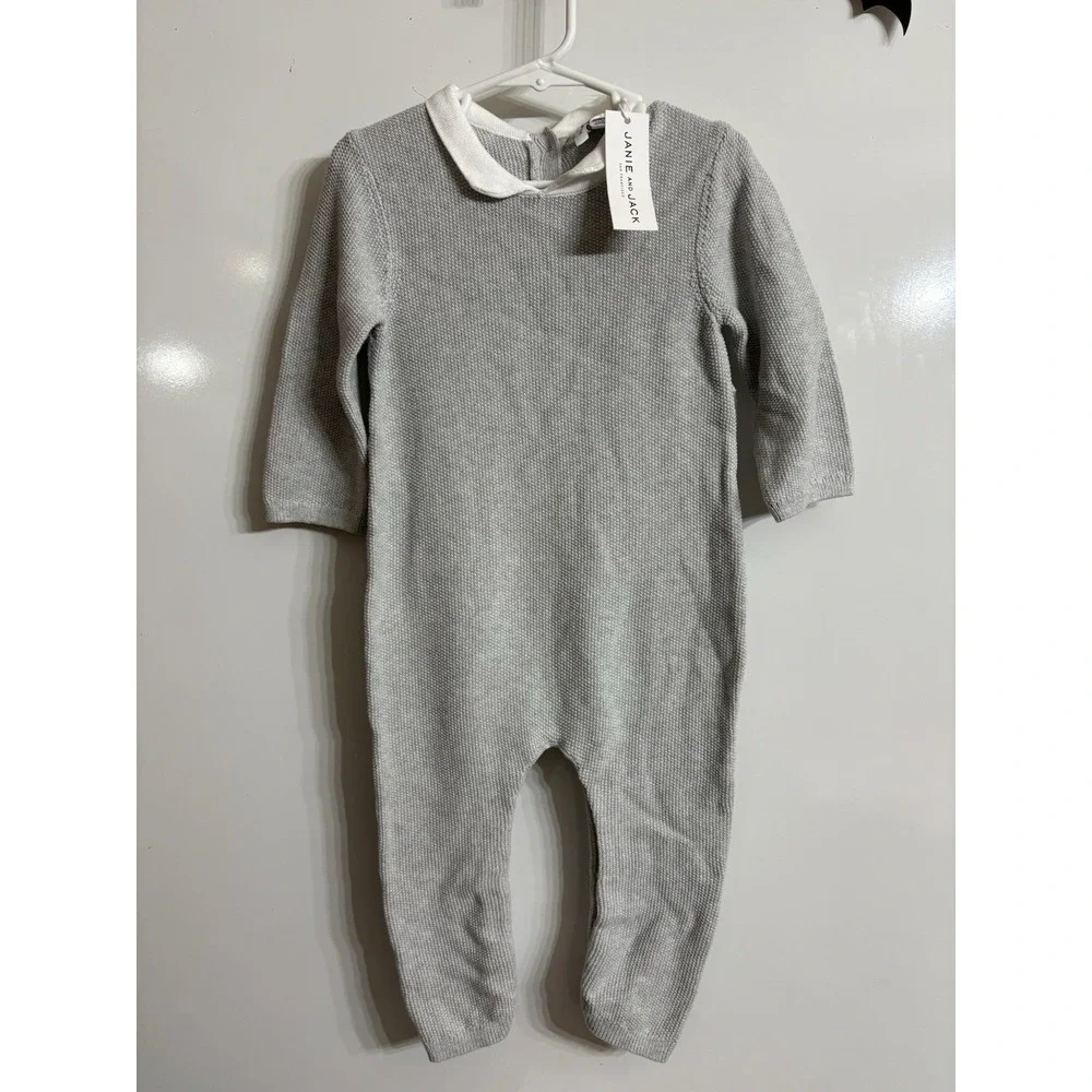 Jane and Jack Baby Knit Romper Gray White Collar Long Sleeve One-Piece‎